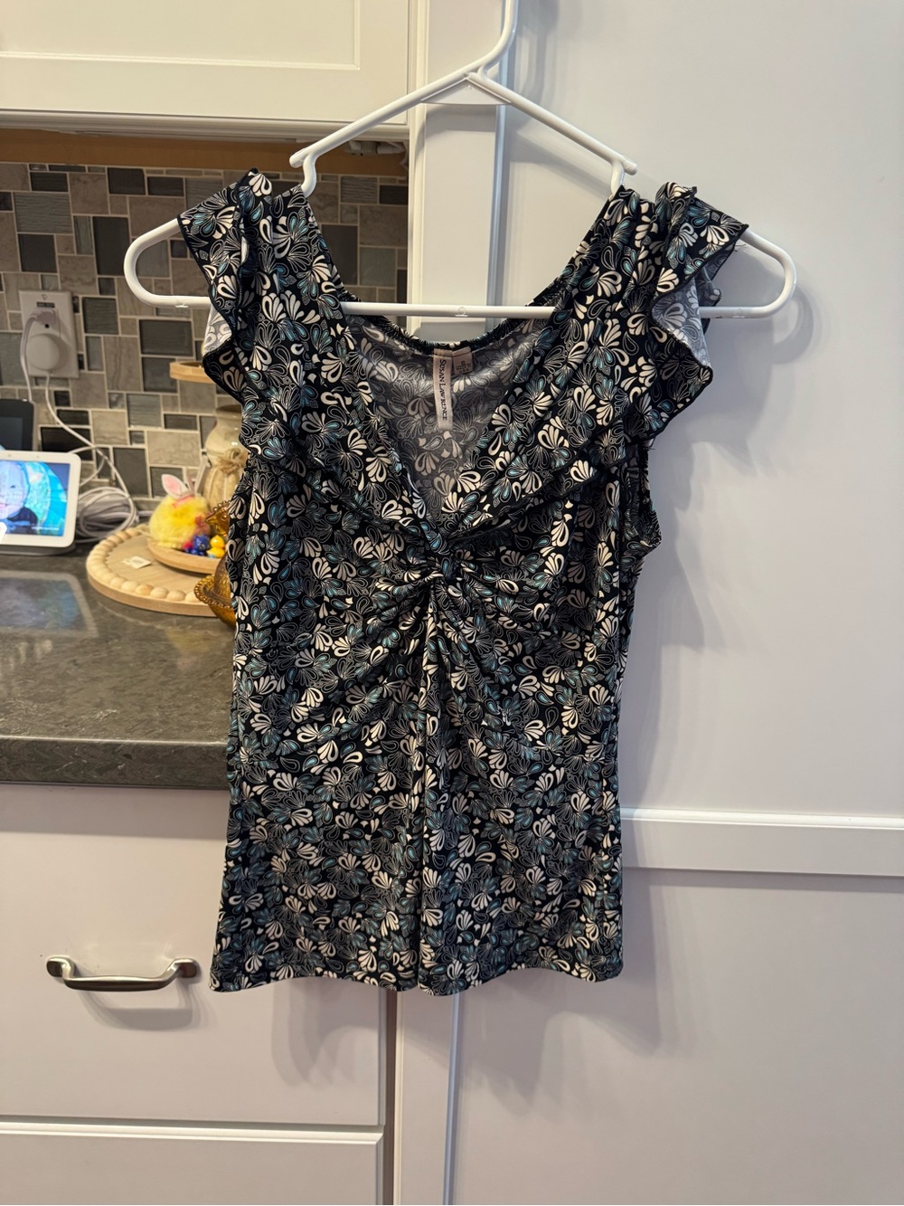 Susan Lawrence Black Floral Twist-Front Tank with Teal Accents